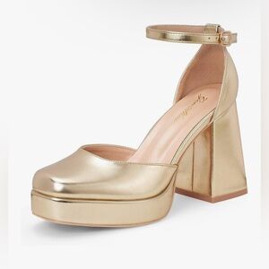 Genshuo Women's Platform Chunky Heel Pumps Closed Square Toe Ankle Strap Shoes 6